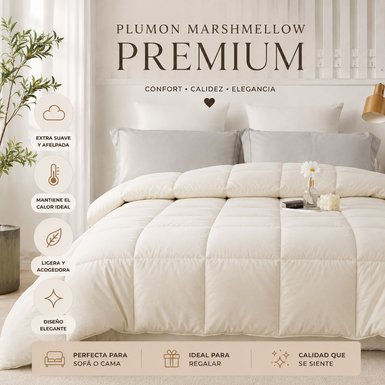 Plumón premium + 2 cojines pequeños + 2 fundas.